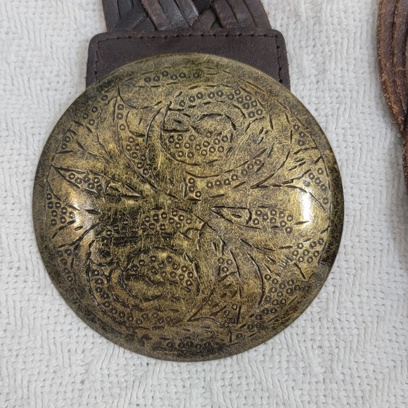 Vintage OLD NAVY Braided Leather Belt Dark Brown Brass Medallion Plate Buckle S - Picture 3 of 13
